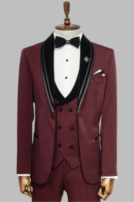 3 Piece Trim Detailed Self-Patterned Velvet Shawl Collar Burgundy Men's Tuxedo - Wessi