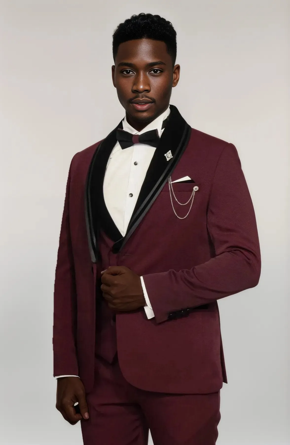 3 Piece Trim Detailed Self-Patterned Velvet Shawl Collar Burgundy Men's Tuxedo - Wessi