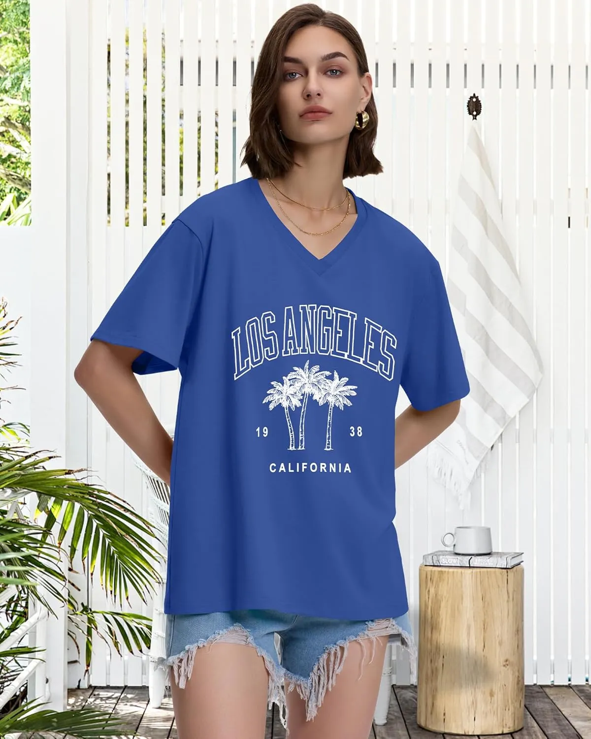 ADOREJOY Oversized Tshirts for Women V Neck Summer Short Sleeve Casual Loose Tunic Tees