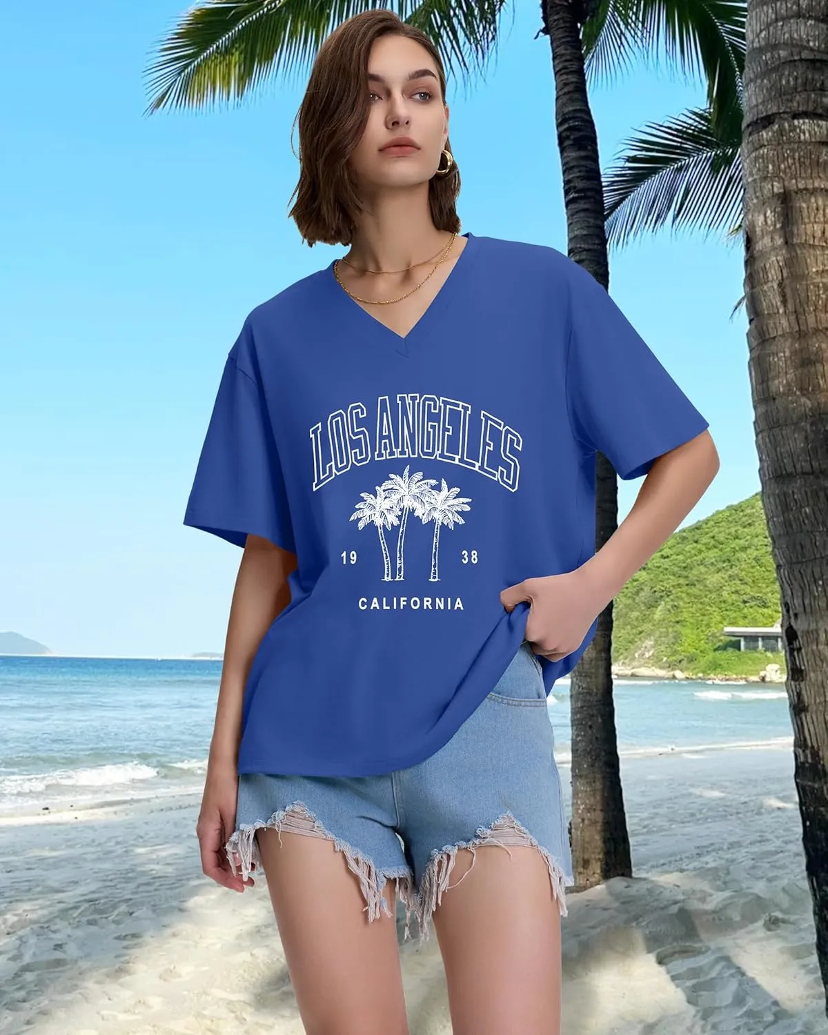 ADOREJOY Oversized Tshirts for Women V Neck Summer Short Sleeve Casual Loose Tunic Tees