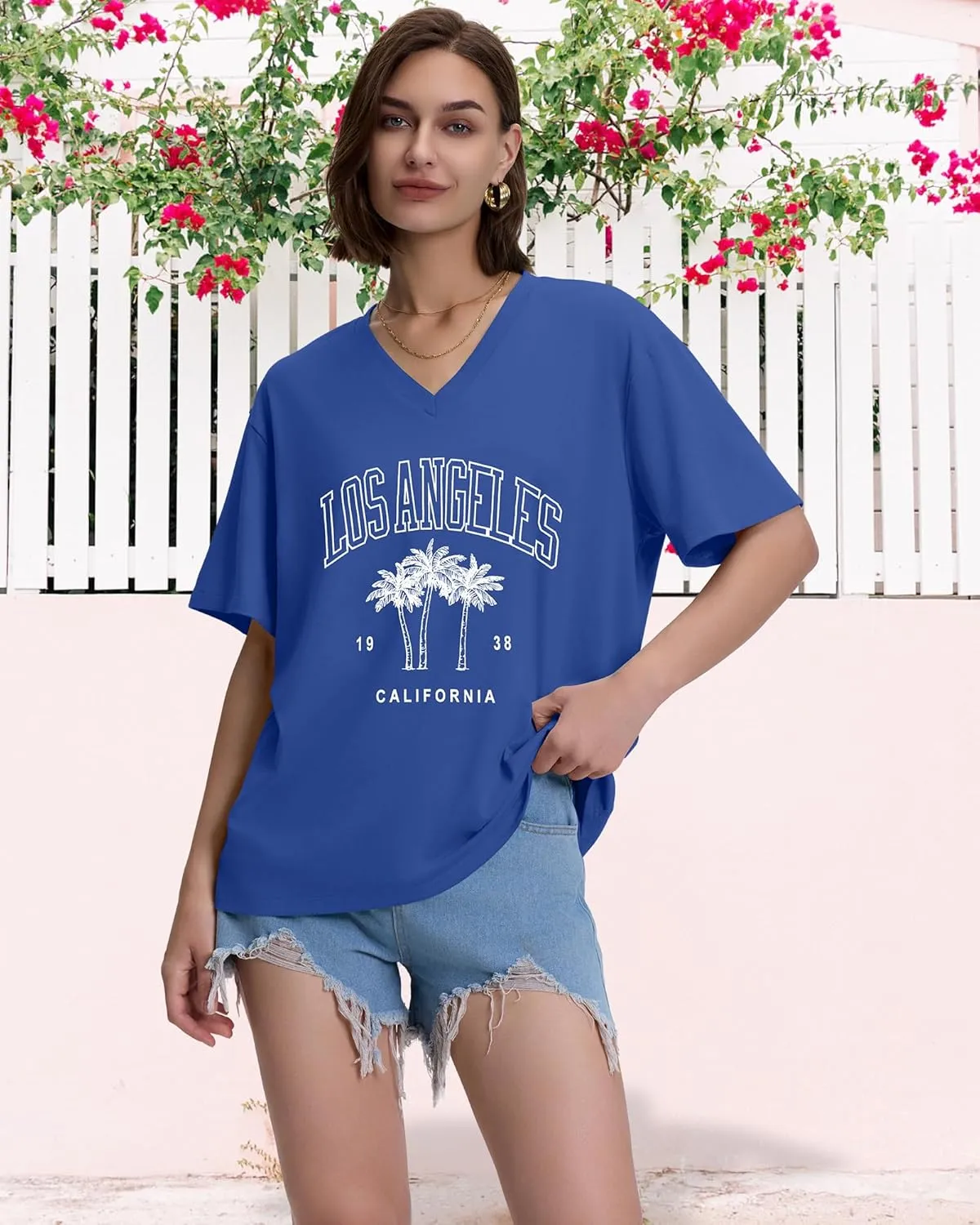 ADOREJOY Oversized Tshirts for Women V Neck Summer Short Sleeve Casual Loose Tunic Tees