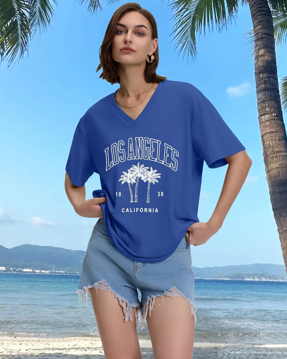 ADOREJOY Oversized Tshirts for Women V Neck Summer Short Sleeve Casual Loose Tunic Tees