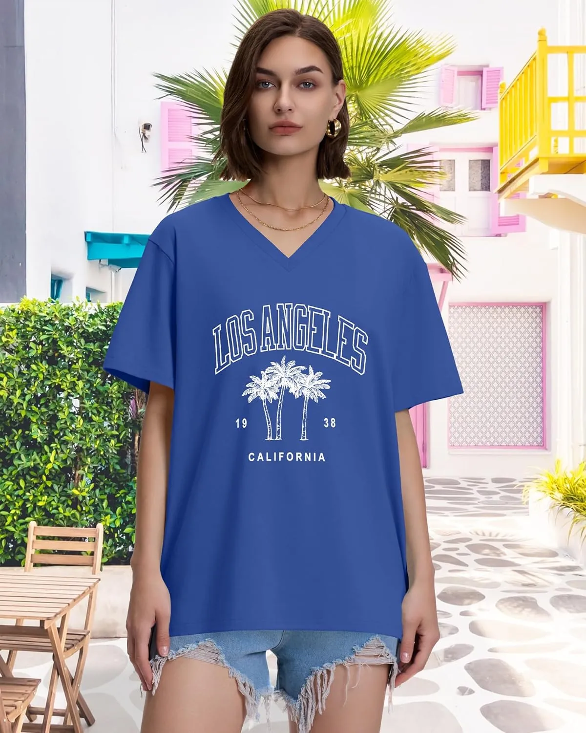 ADOREJOY Oversized Tshirts for Women V Neck Summer Short Sleeve Casual Loose Tunic Tees