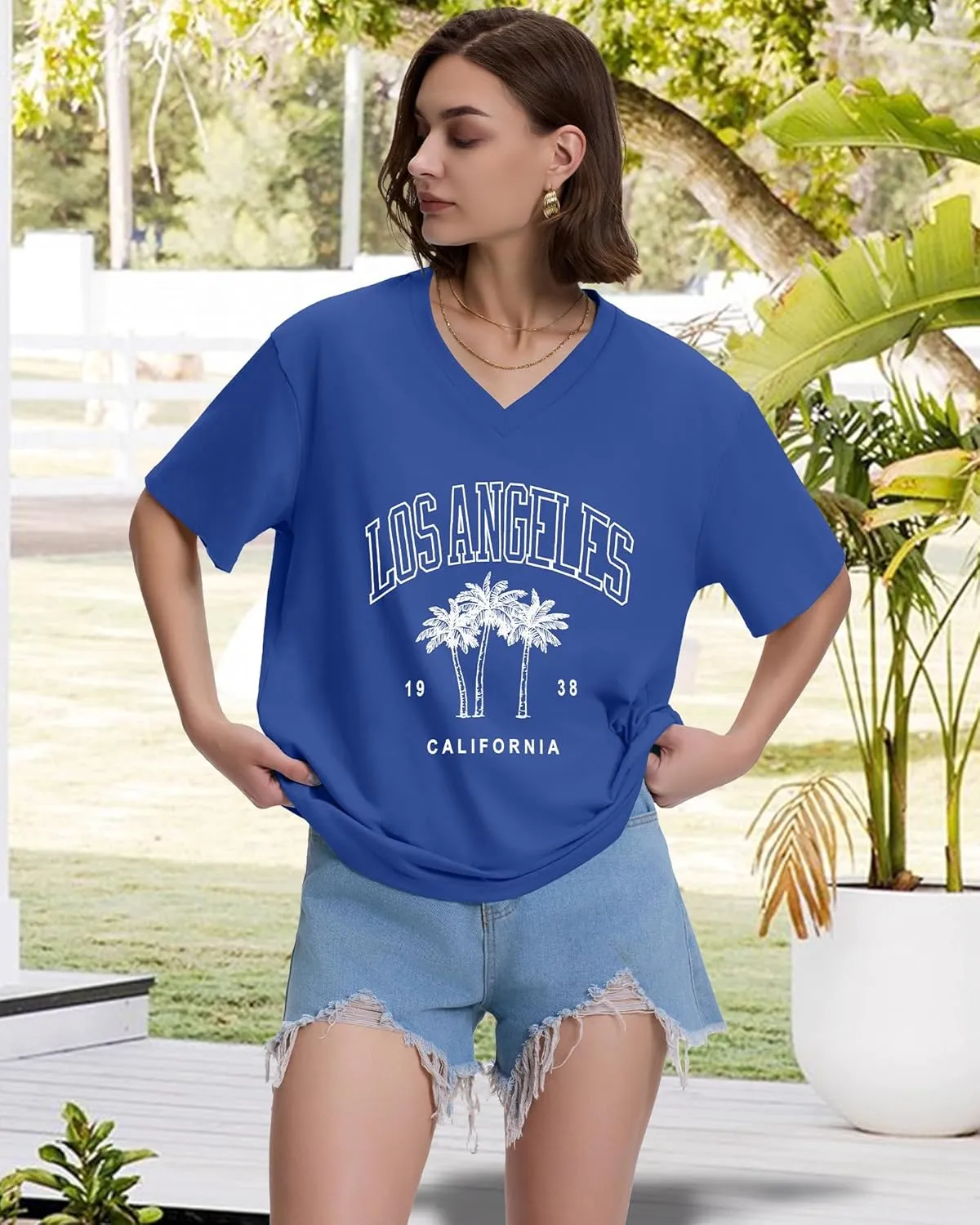 ADOREJOY Oversized Tshirts for Women V Neck Summer Short Sleeve Casual Loose Tunic Tees