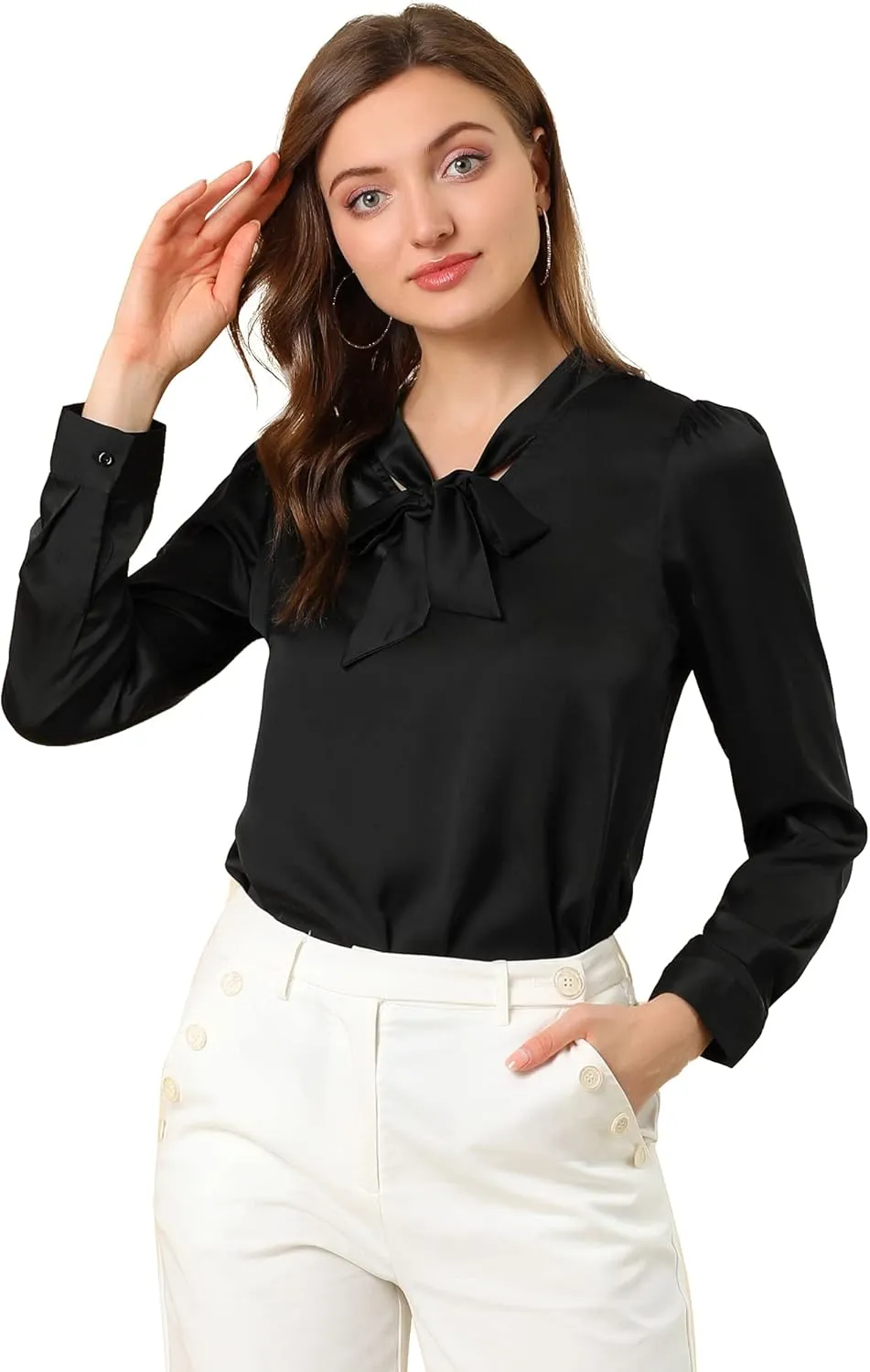 Allegra K Women's Satin Work Office Blouse Tie Neck Business Casual Top