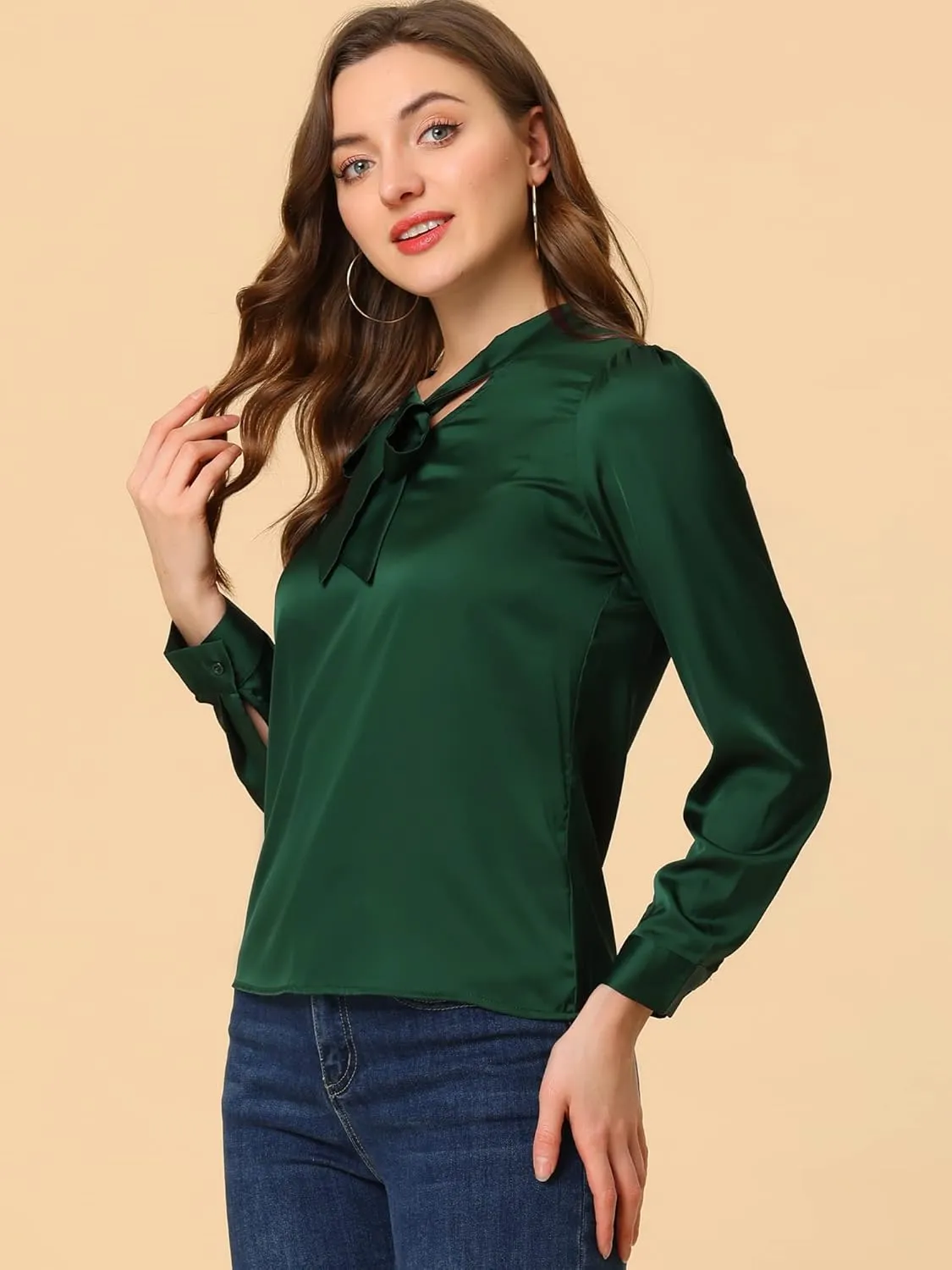 Allegra K Women's Satin Work Office Blouse Tie Neck Business Casual Top
