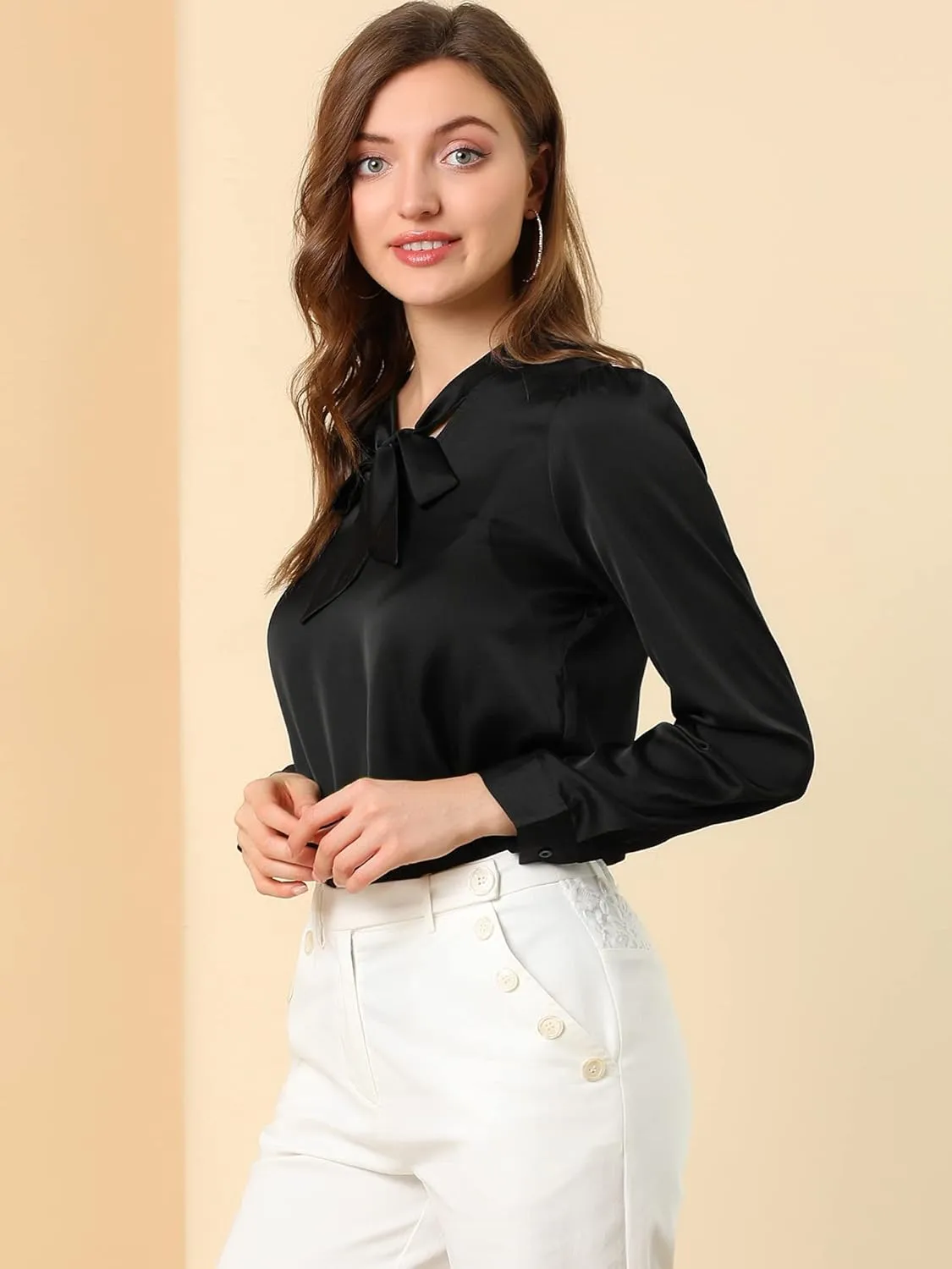 Allegra K Women's Satin Work Office Blouse Tie Neck Business Casual Top