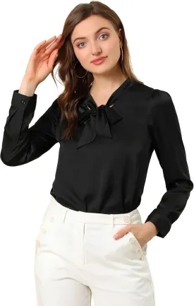 Allegra K Women's Satin Work Office Blouse Tie Neck Business Casual Top