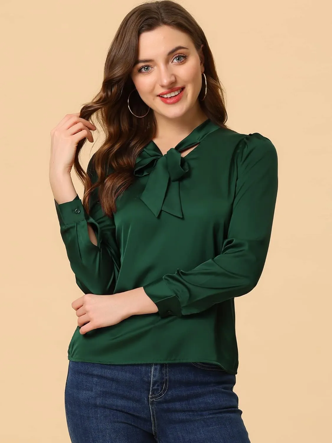 Allegra K Women's Satin Work Office Blouse Tie Neck Business Casual Top