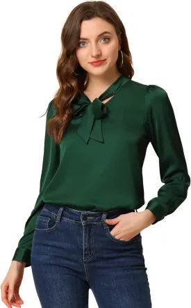 Allegra K Women's Satin Work Office Blouse Tie Neck Business Casual Top