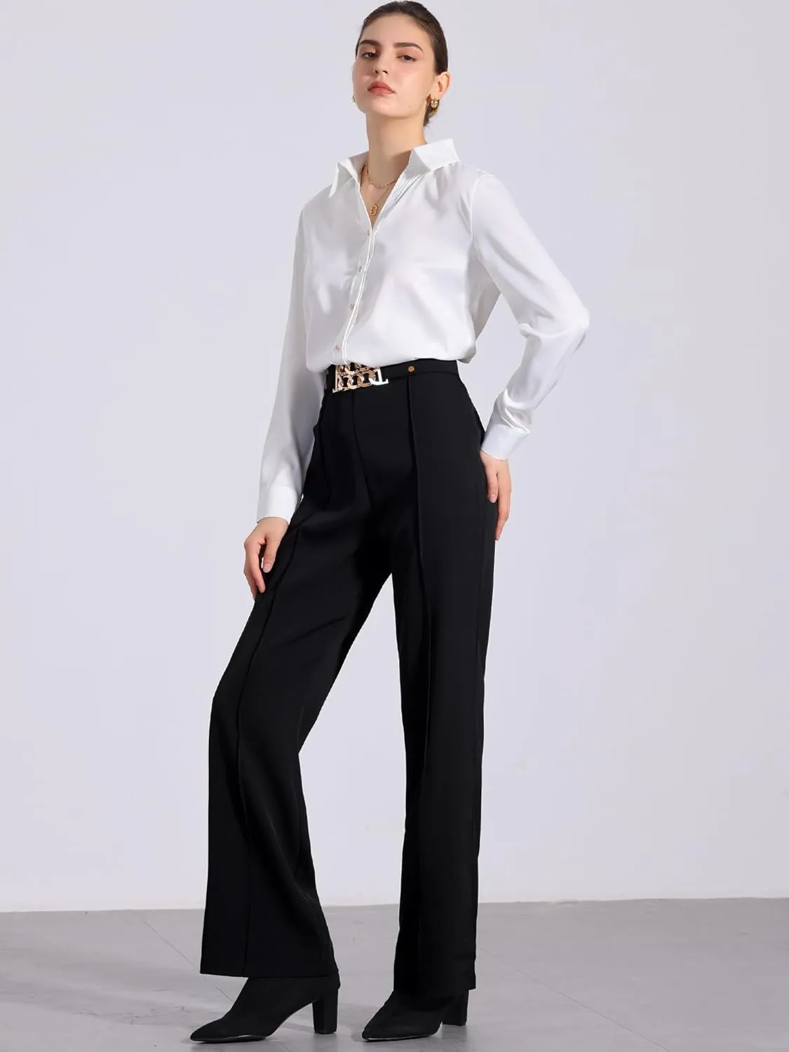 Allegra K Women's Straight Leg Pleated High Waisted Office Business Slacks Casual Pants