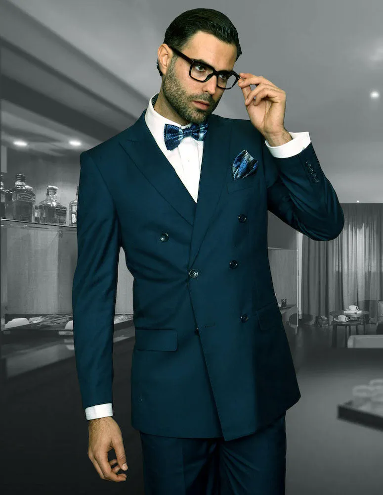 APPLE GREEN SOLID COLOR SUIT. 3PC MODERN FIT FLAT FRONT PANTS WITH DOUBLE BREASTED VEST. SUPER 180'S ITALIAN WOOL | TZD-100-Indigo