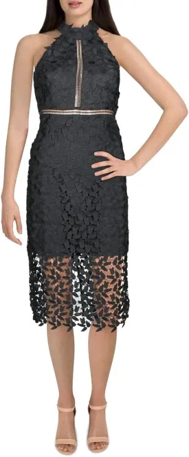Bardot Womens Lace Sleeveless Halter Midi Evening Sheath Dress