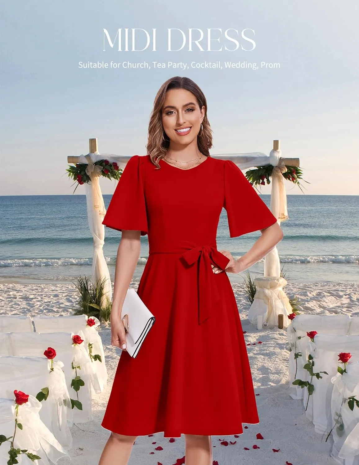 Bbonlinedress Women Midi Cocktail Vintage Dress Formal Wedding Guest Fit & Flare Church Work Prom 2025 Dress with Sleeves