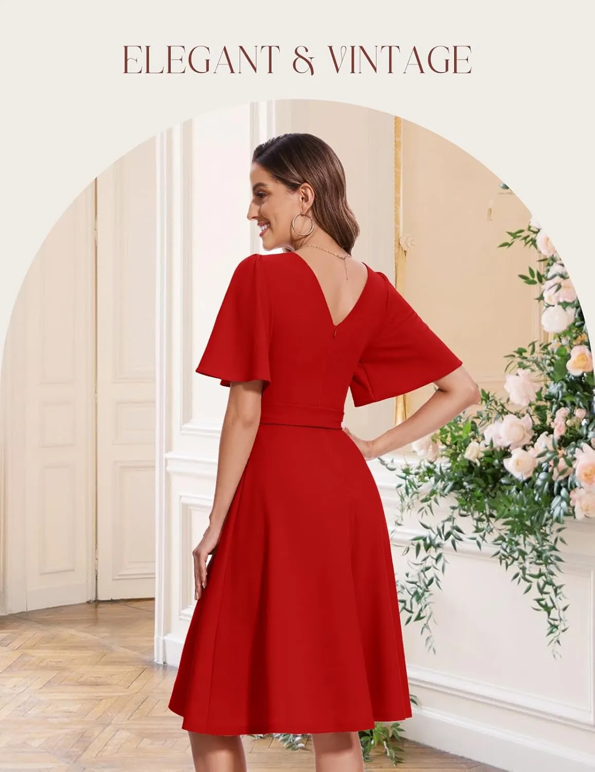Bbonlinedress Women Midi Cocktail Vintage Dress Formal Wedding Guest Fit & Flare Church Work Prom 2025 Dress with Sleeves