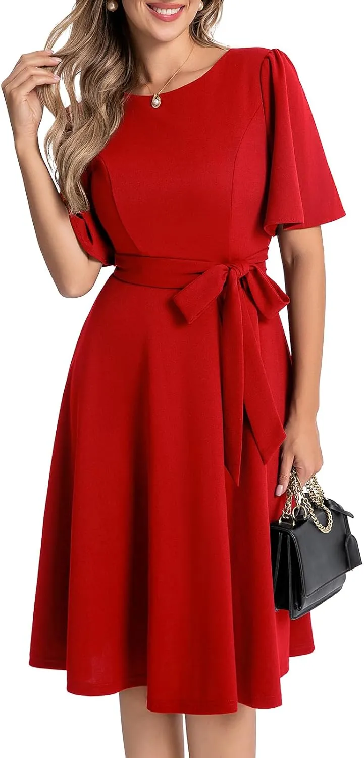 Bbonlinedress Women Midi Cocktail Vintage Dress Formal Wedding Guest Fit & Flare Church Work Prom 2025 Dress with Sleeves
