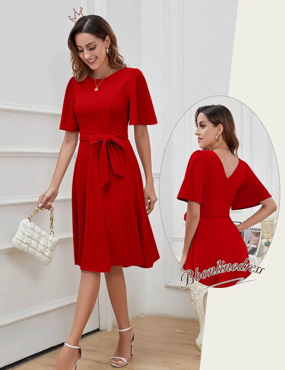 Bbonlinedress Women Midi Cocktail Vintage Dress Formal Wedding Guest Fit & Flare Church Work Prom 2025 Dress with Sleeves