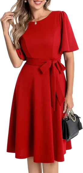 Bbonlinedress Women Midi Cocktail Vintage Dress Formal Wedding Guest Fit & Flare Church Work Prom 2025 Dress with Sleeves