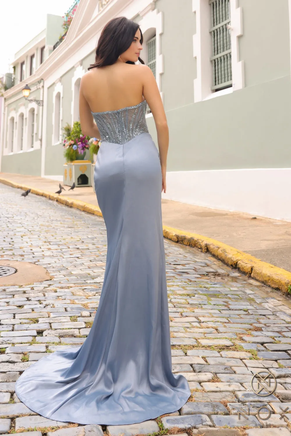 Beaded Satin Fitted Strapless Dress _F1466