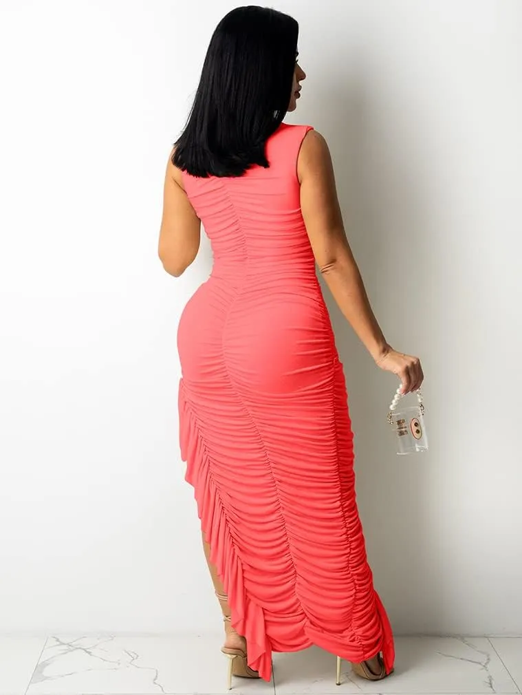 BEAGIMEG Women's Sexy Ruched Sleeveless Asymmetrical Ruffles Elegant Cocktail Evening Party Maxi Dress