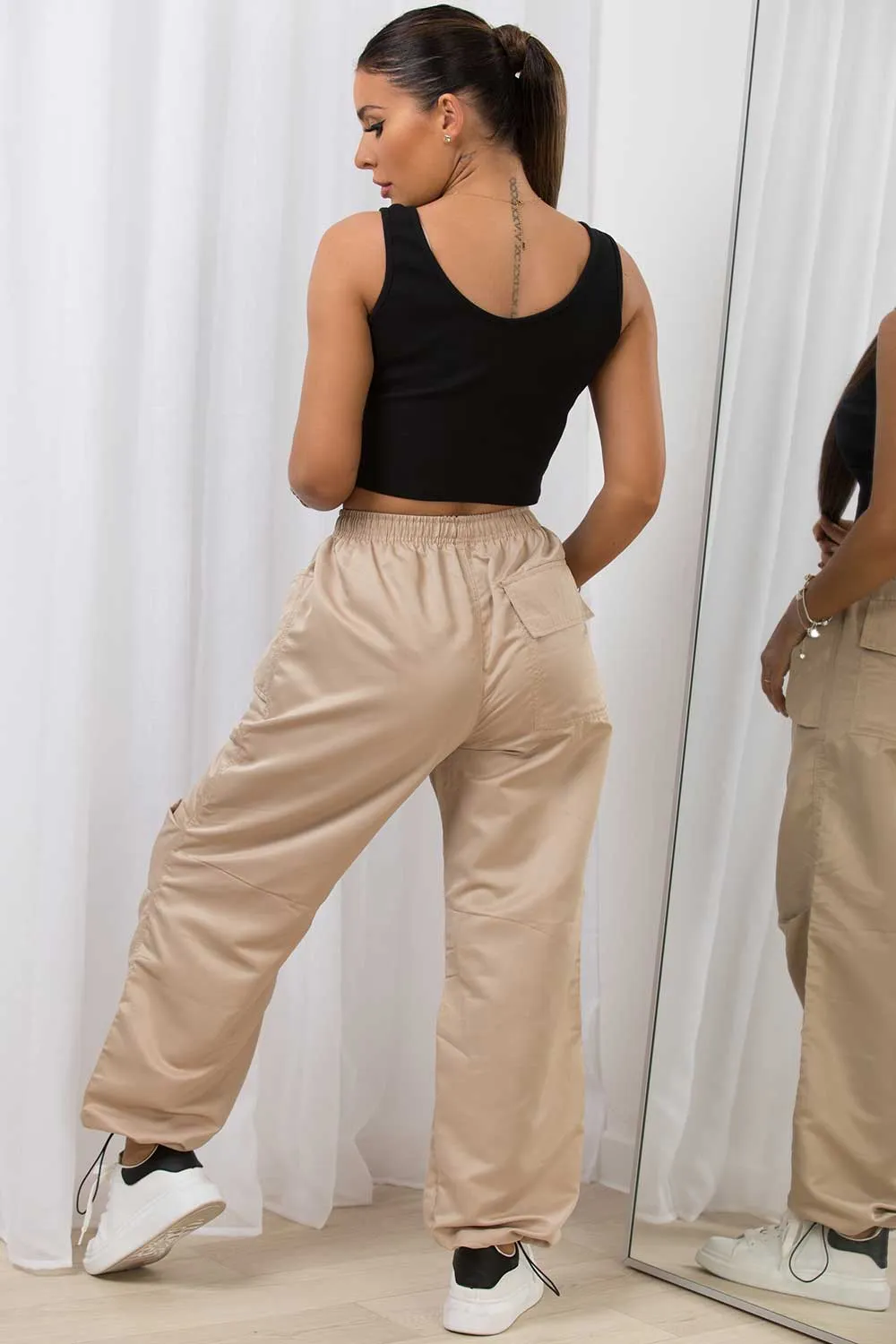Beige High Waisted Cargo Pants