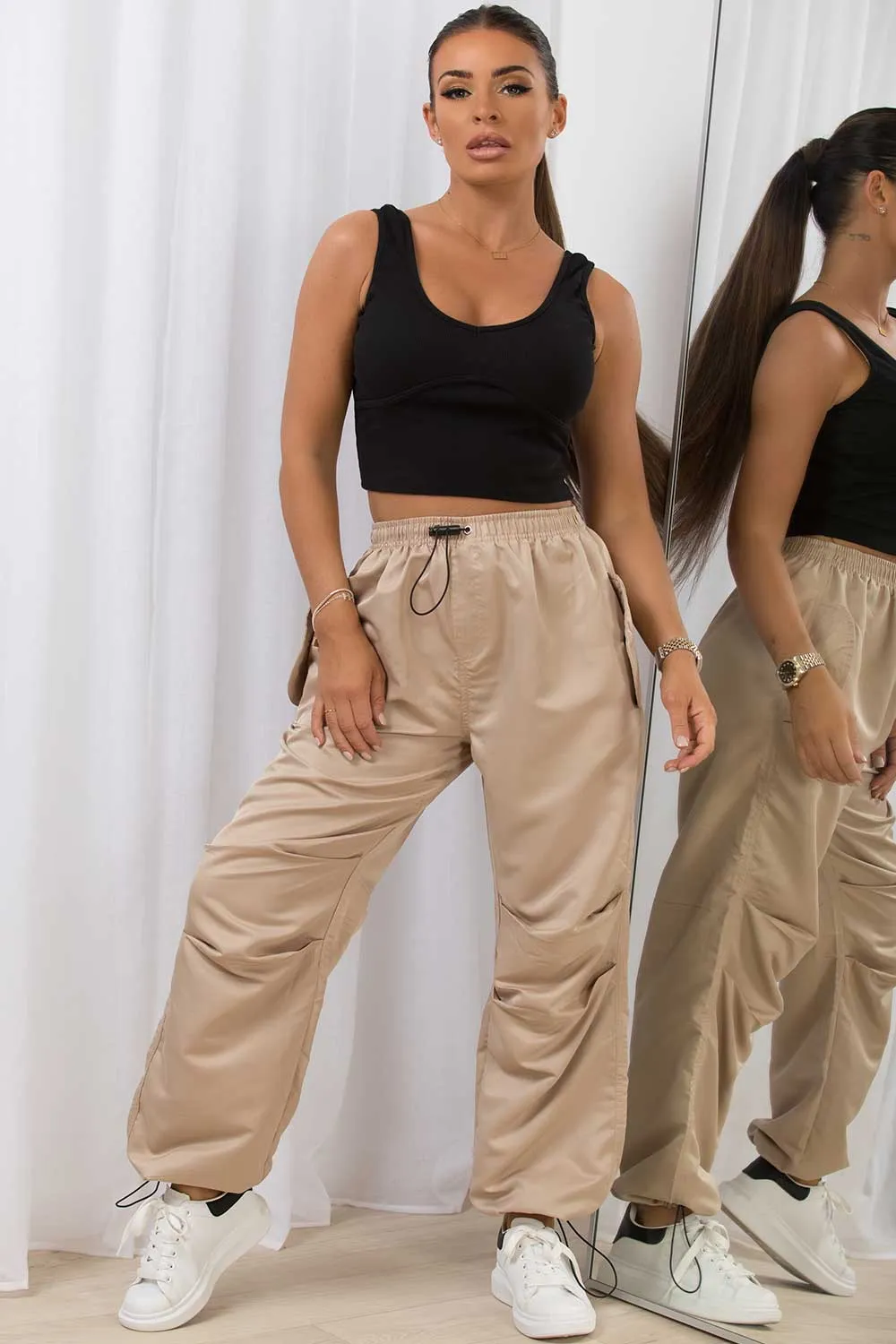 Beige High Waisted Cargo Pants
