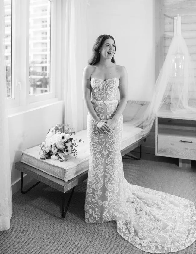 C2023-SS86c - strapless beaded lace wedding gown with detachable long sleeves