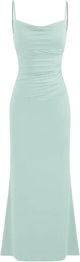 CIDER Women Wedding Guest Maxi Dresses Cowl Neck Backless Ruched Long Formal Dress Spaghetti Straps Evening Gown