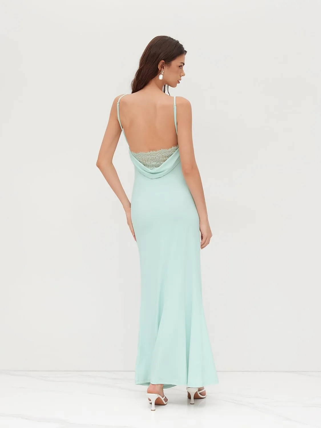 CIDER Women Wedding Guest Maxi Dresses Cowl Neck Backless Ruched Long Formal Dress Spaghetti Straps Evening Gown