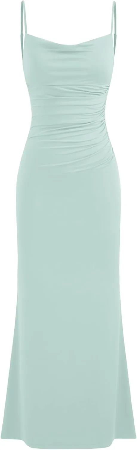 CIDER Women Wedding Guest Maxi Dresses Cowl Neck Backless Ruched Long Formal Dress Spaghetti Straps Evening Gown