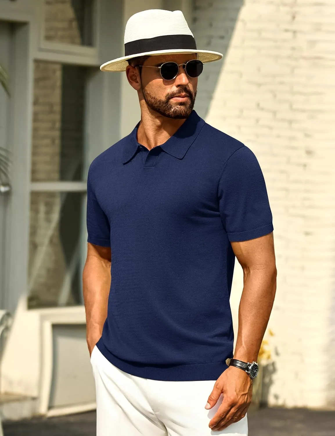 Cotrasen Mens Knit Polo Shirts V Neck Short Sleeve Stretch Ribbed Knitted Polo T Shirt Casual Summer Collared Shirts
