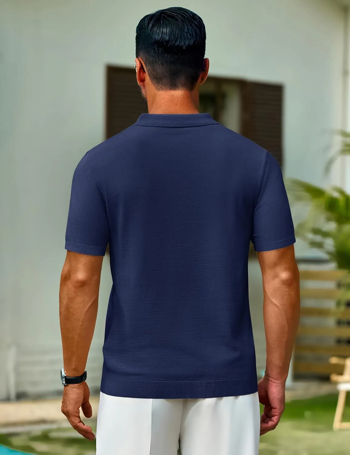 Cotrasen Mens Knit Polo Shirts V Neck Short Sleeve Stretch Ribbed Knitted Polo T Shirt Casual Summer Collared Shirts