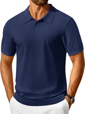 Cotrasen Mens Knit Polo Shirts V Neck Short Sleeve Stretch Ribbed Knitted Polo T Shirt Casual Summer Collared Shirts