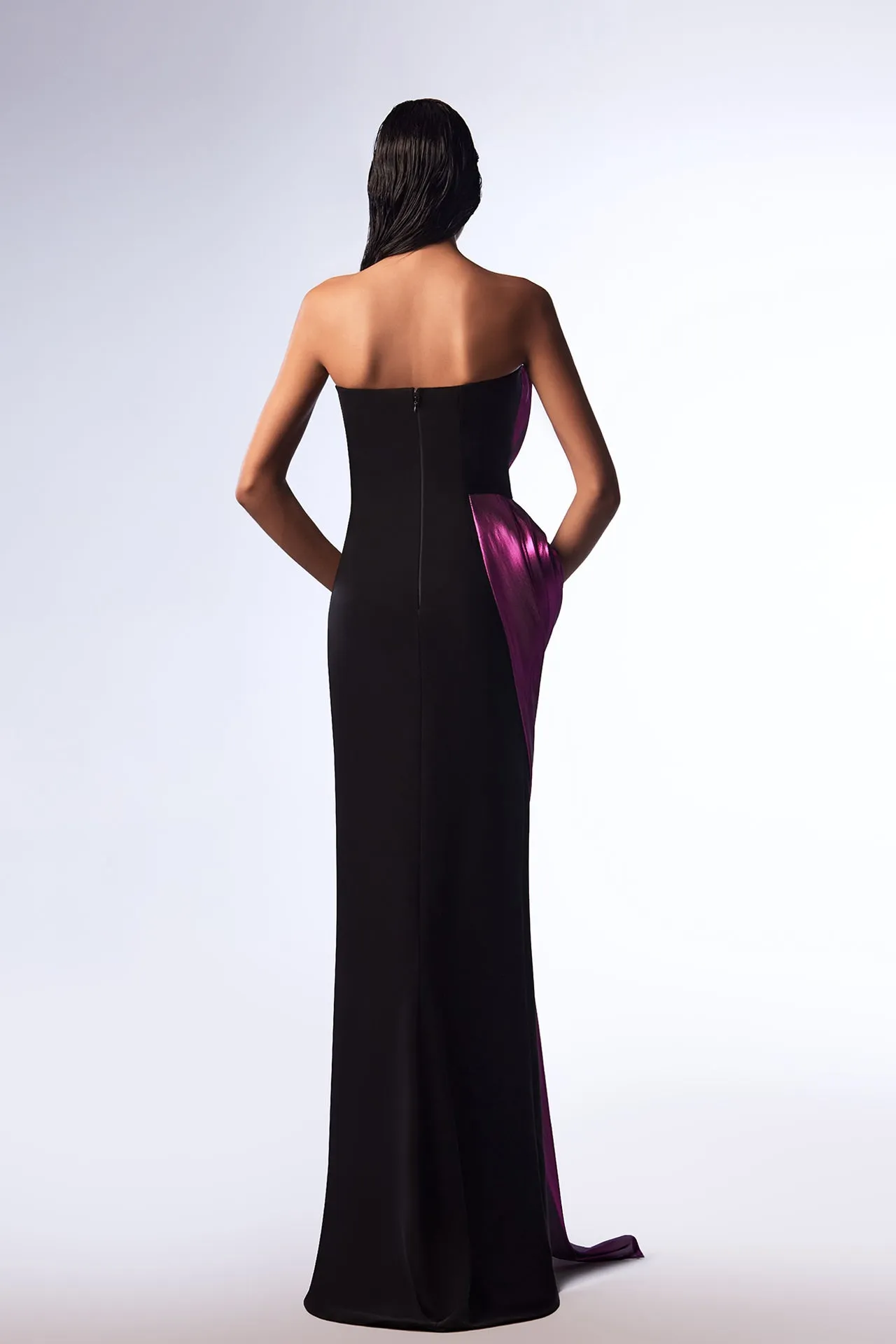 Crepe Strapless Fitted Dress with Metallic Draping