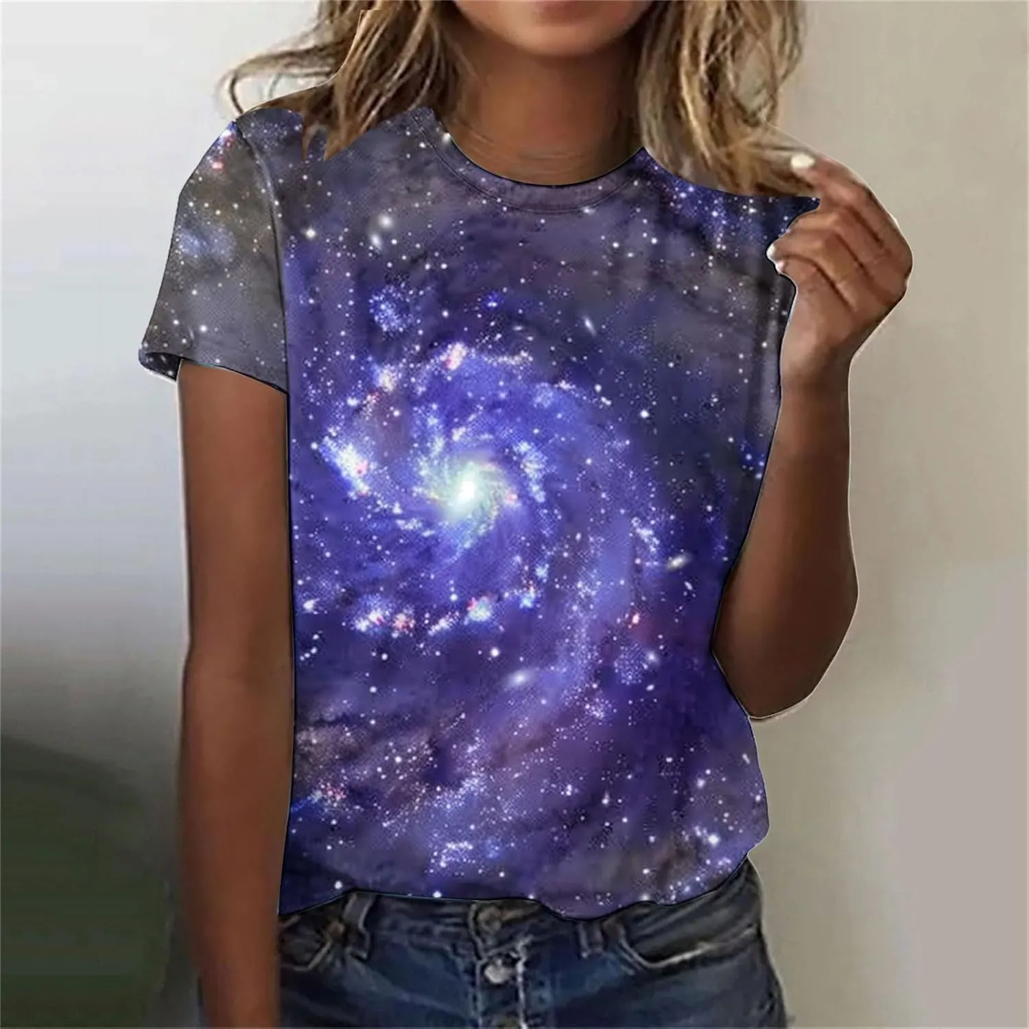 Cute Summer Tops for Women Galaxy Space Print Petite Shirts Casual Short Sleeve Crewneck Graphic Tees Blouses