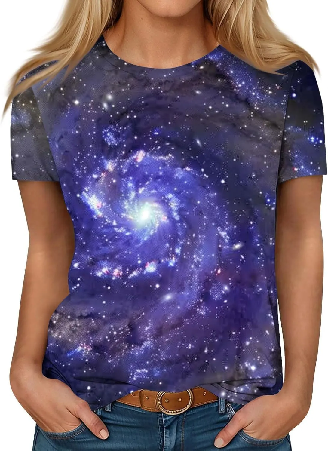 Cute Summer Tops for Women Galaxy Space Print Petite Shirts Casual Short Sleeve Crewneck Graphic Tees Blouses