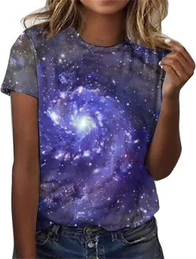 Cute Summer Tops for Women Galaxy Space Print Petite Shirts Casual Short Sleeve Crewneck Graphic Tees Blouses