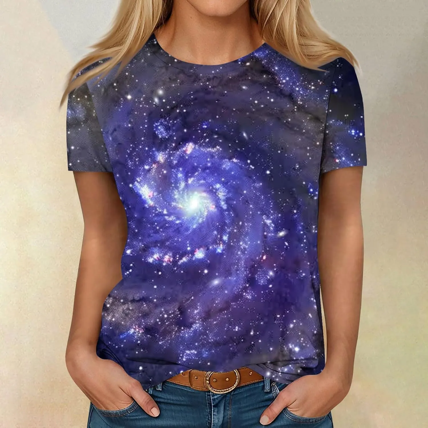 Cute Summer Tops for Women Galaxy Space Print Petite Shirts Casual Short Sleeve Crewneck Graphic Tees Blouses