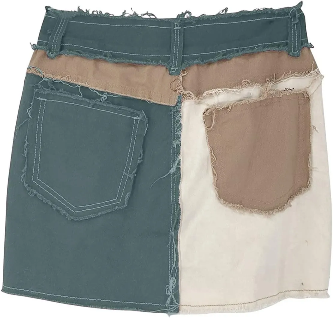 Denim Skirt for Women Mid Rise Waist Stretch Button Down Mini Skirt Color Block Patchwork Ripped Jean Skirts