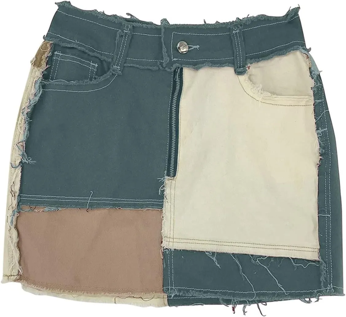 Denim Skirt for Women Mid Rise Waist Stretch Button Down Mini Skirt Color Block Patchwork Ripped Jean Skirts
