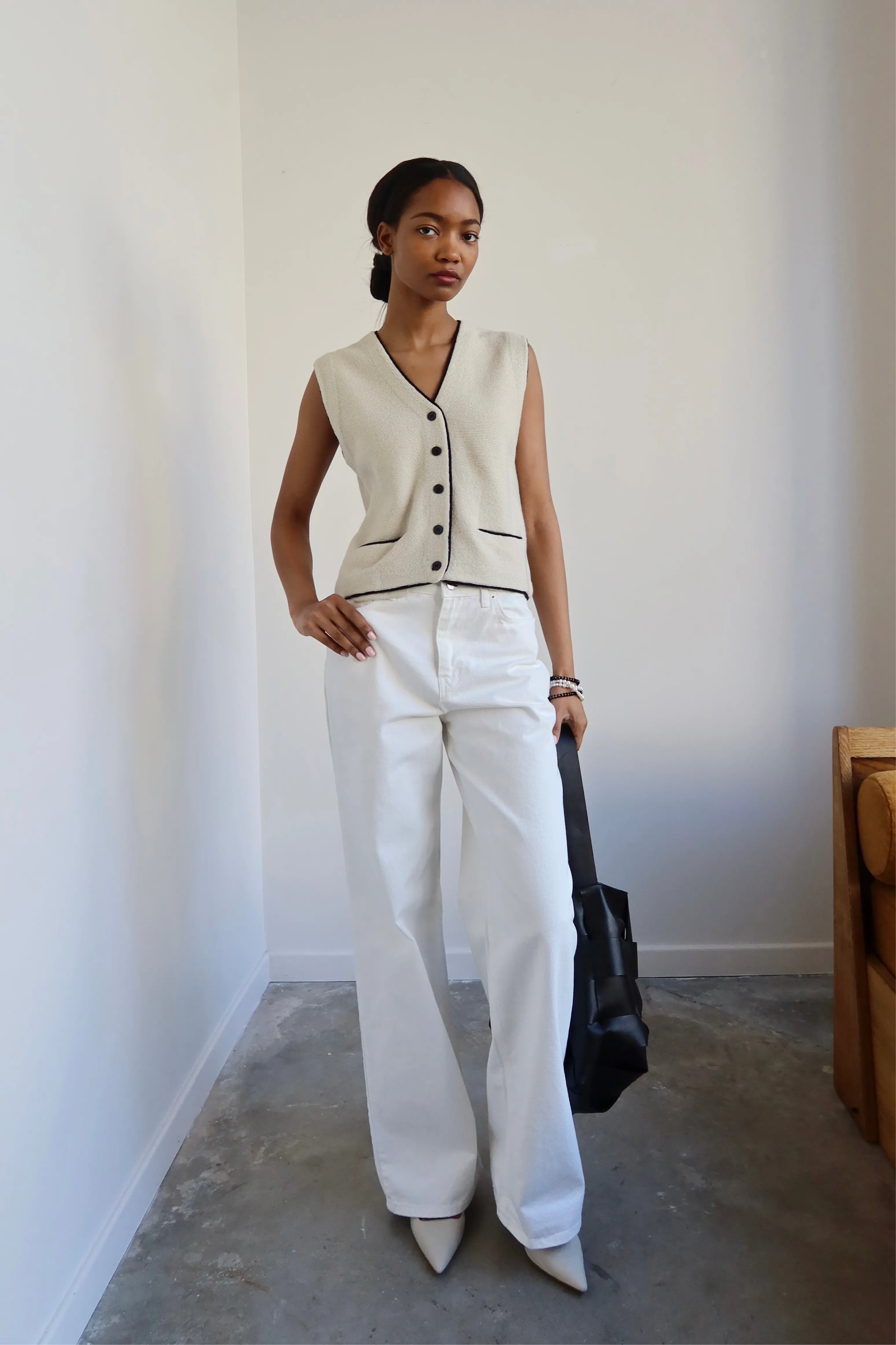 Ecru Contrast Button Down Knit Vest