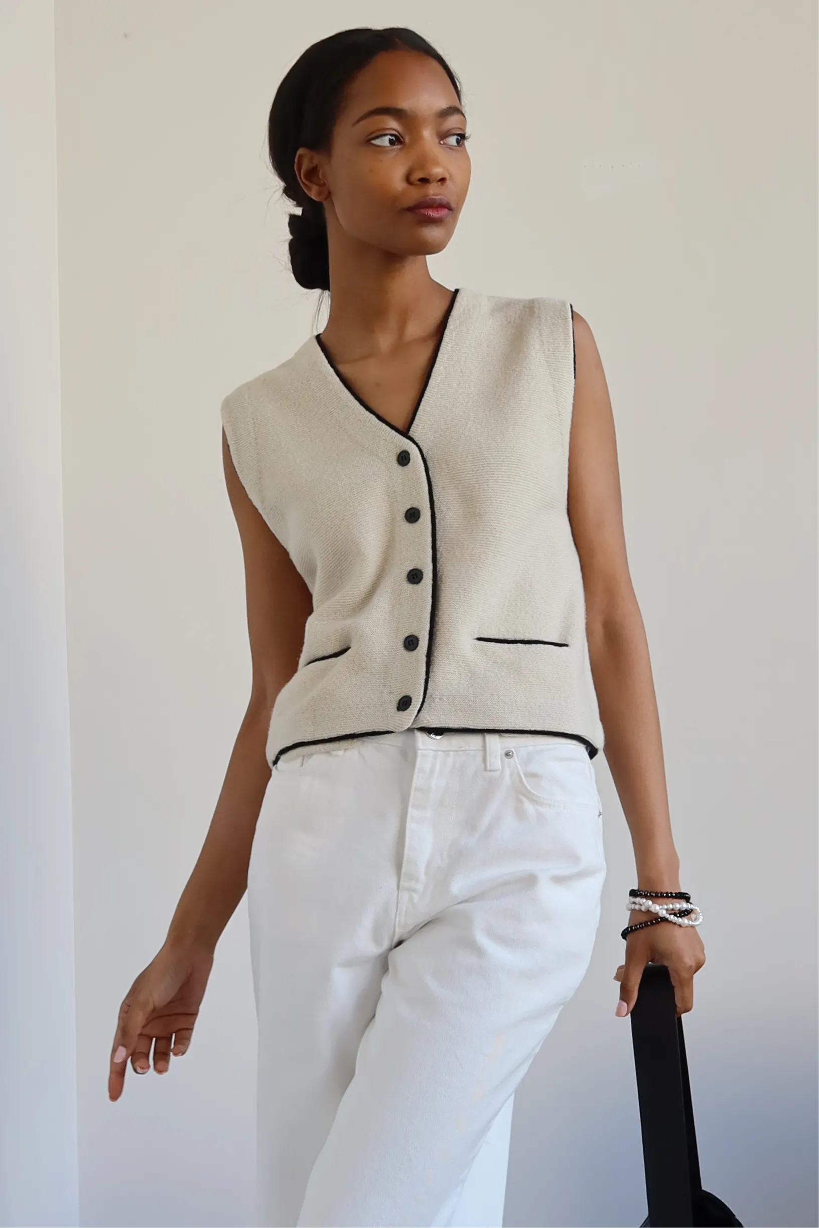 Ecru Contrast Button Down Knit Vest