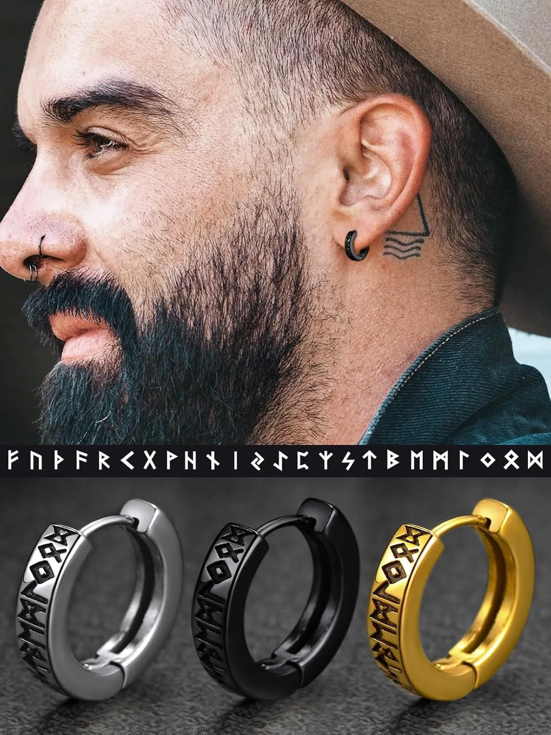 FaithHeart Norse Viking Runes Hoop Earrings for Men Hypoallergenic Stainless Steel Punk Huggie Hoop Earring Sturdy Norse Mythology Jewelry Gifts with Delicate Packaging