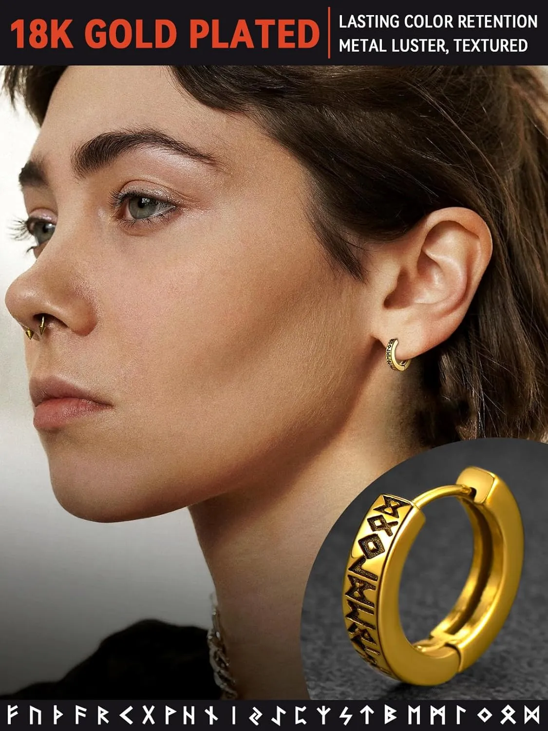 FaithHeart Norse Viking Runes Hoop Earrings for Men Hypoallergenic Stainless Steel Punk Huggie Hoop Earring Sturdy Norse Mythology Jewelry Gifts with Delicate Packaging