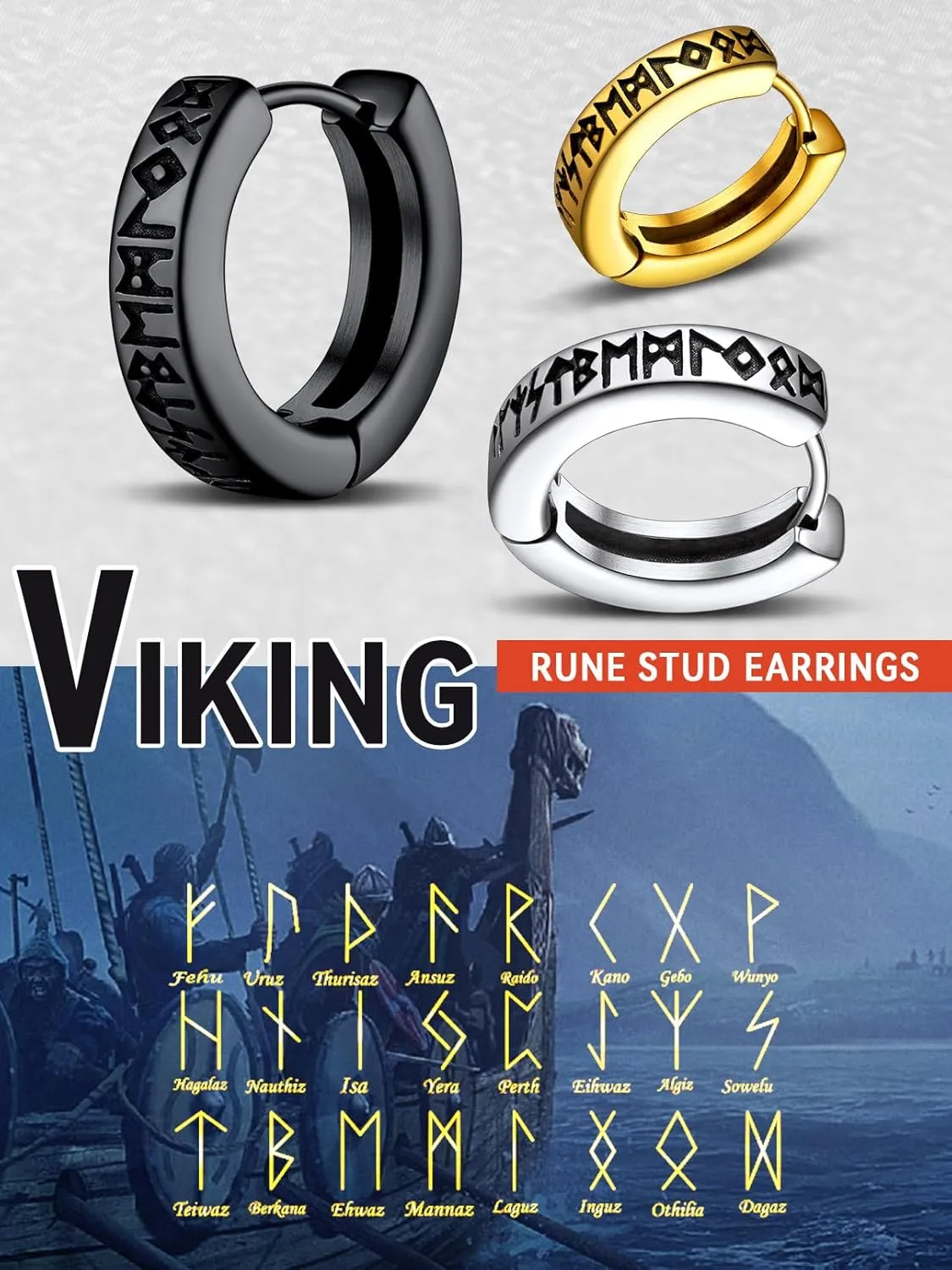FaithHeart Norse Viking Runes Hoop Earrings for Men Hypoallergenic Stainless Steel Punk Huggie Hoop Earring Sturdy Norse Mythology Jewelry Gifts with Delicate Packaging