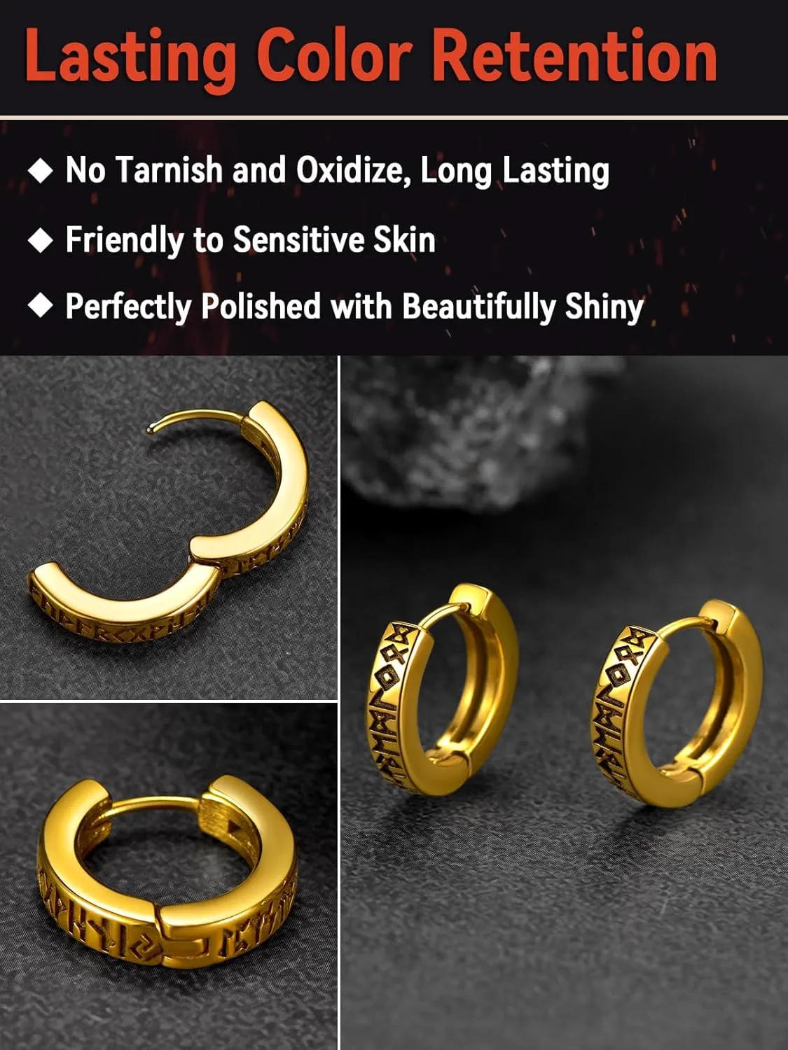FaithHeart Norse Viking Runes Hoop Earrings for Men Hypoallergenic Stainless Steel Punk Huggie Hoop Earring Sturdy Norse Mythology Jewelry Gifts with Delicate Packaging