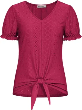 GRACE KARIN Women's 2025 Summer Tops Short Sleeve V Neck Basic T Shirts Dressy Casual Tie Front Tops Eyelet Blouses Tunic