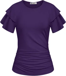 GRACE KARIN Women's Summer Tops Ruffle Sleeve Basic T Shirts Dressy Casual Ruched Work Blouses Trendy Clothes 2025
