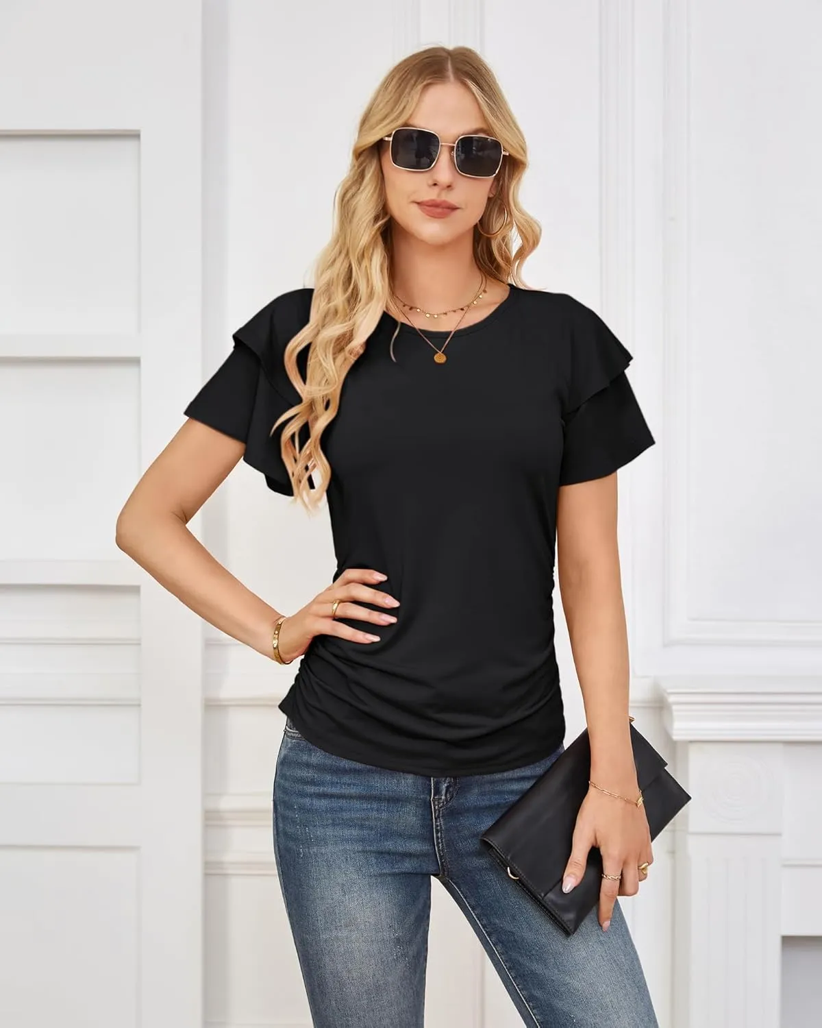 GRACE KARIN Women's Summer Tops Ruffle Sleeve Basic T Shirts Dressy Casual Ruched Work Blouses Trendy Clothes 2025