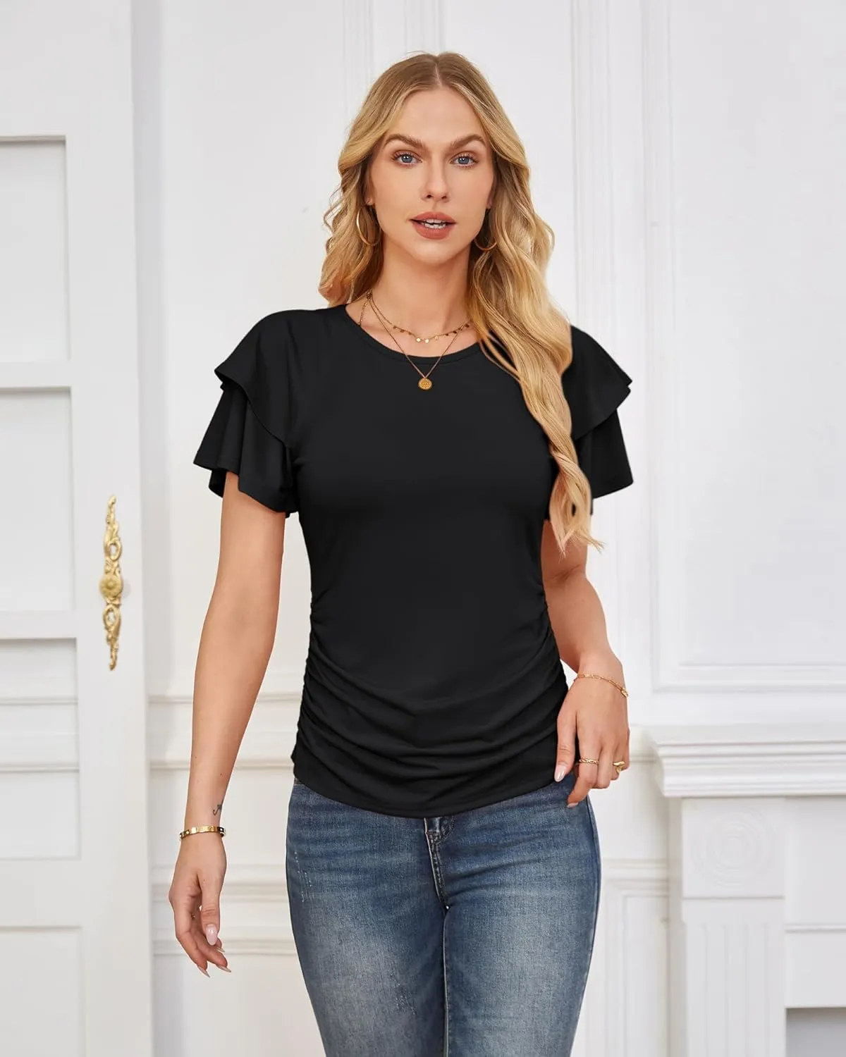 GRACE KARIN Women's Summer Tops Ruffle Sleeve Basic T Shirts Dressy Casual Ruched Work Blouses Trendy Clothes 2025